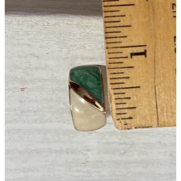 Gold-Tone & Turquoise Beige Enamel Curved Rectangle Half Hoop Earrings Stunning - Picture 7 of 8